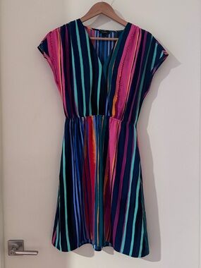 Halogen Blue and Teal Striped V-Neck Dress